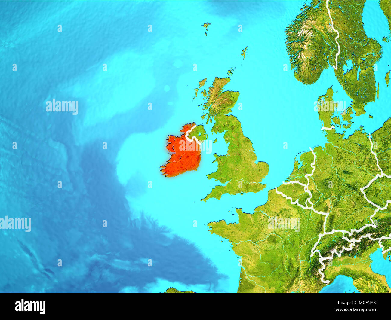 Ireland highlighted in red from Earth’s orbit. 3D illustration ...