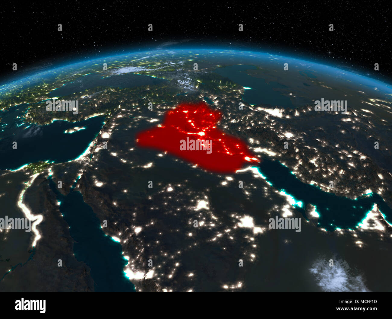 Satellite night view of Iraq highlighted in red on planet Earth with clouds. 3D illustration. Elements of this image furnished by NASA. Stock Photo