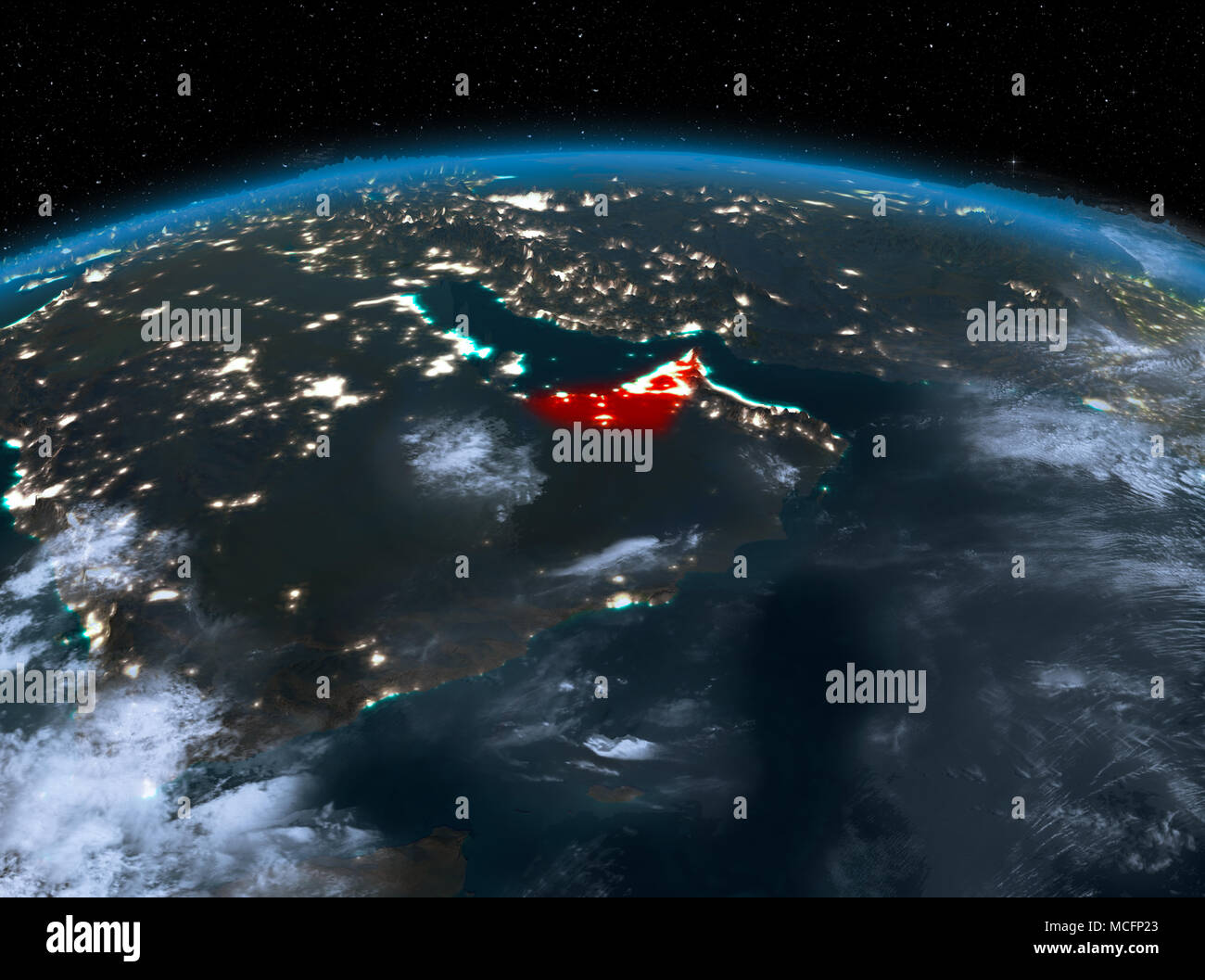 Satellite night view of United Arab Emirates highlighted in red on planet Earth with clouds. 3D illustration. Elements of this image furnished by NASA Stock Photo