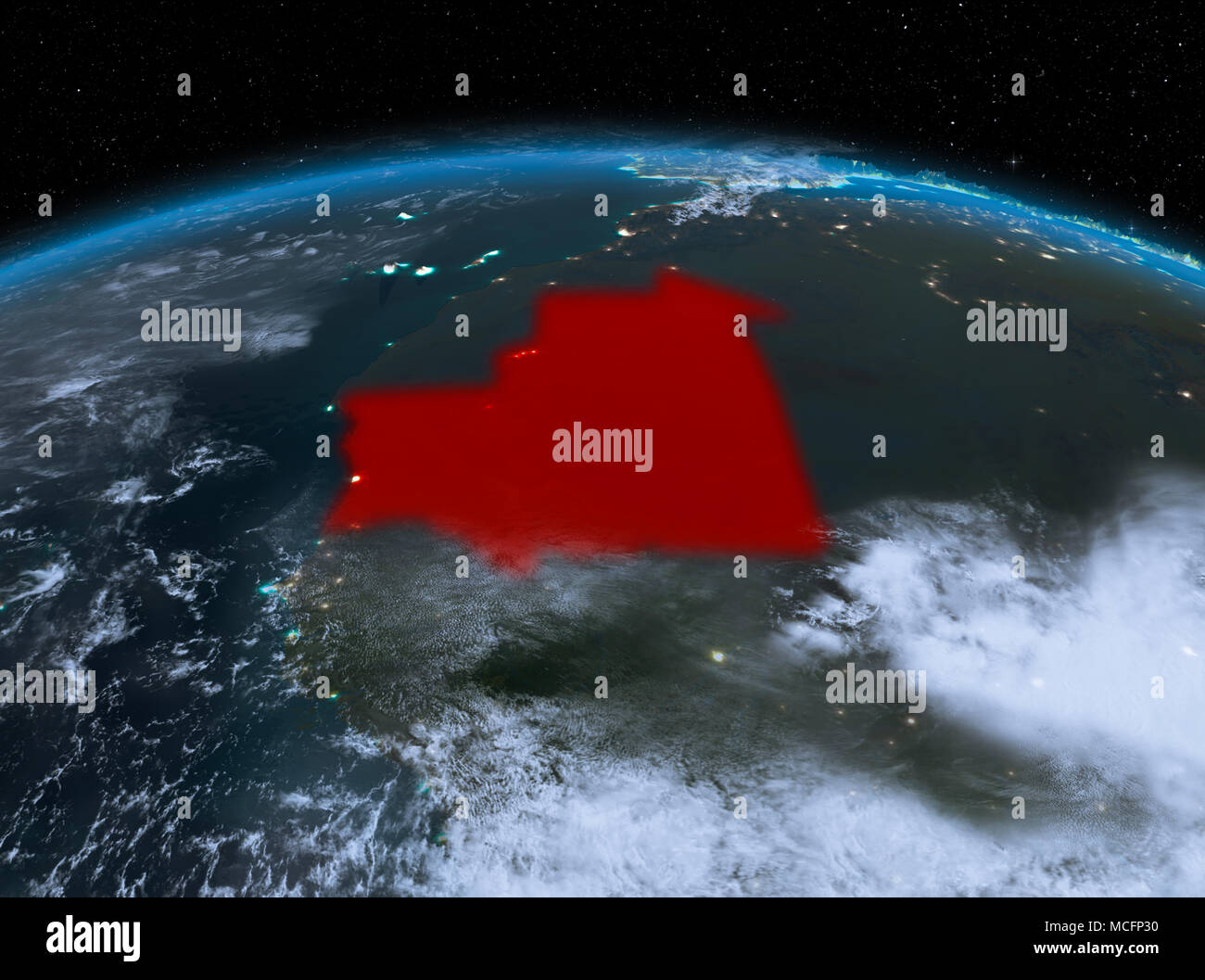 Satellite night view of Mauritania highlighted in red on planet Earth ...