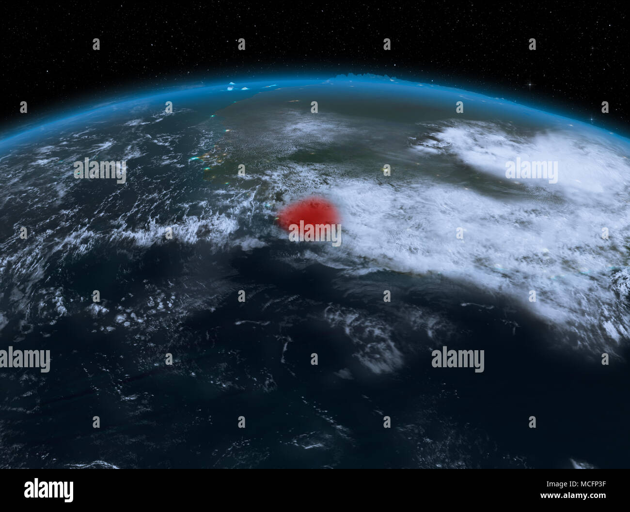 Satellite night view of Sierra Leone highlighted in red on planet Earth ...