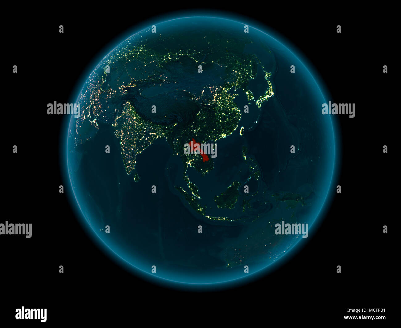 Night above Laos highlighted in red on model of planet Earth in space ...