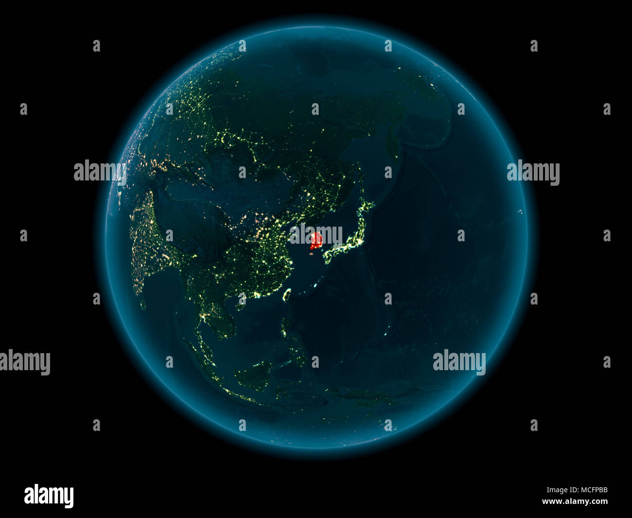 Night above South Korea highlighted in red on model of planet Earth in ...