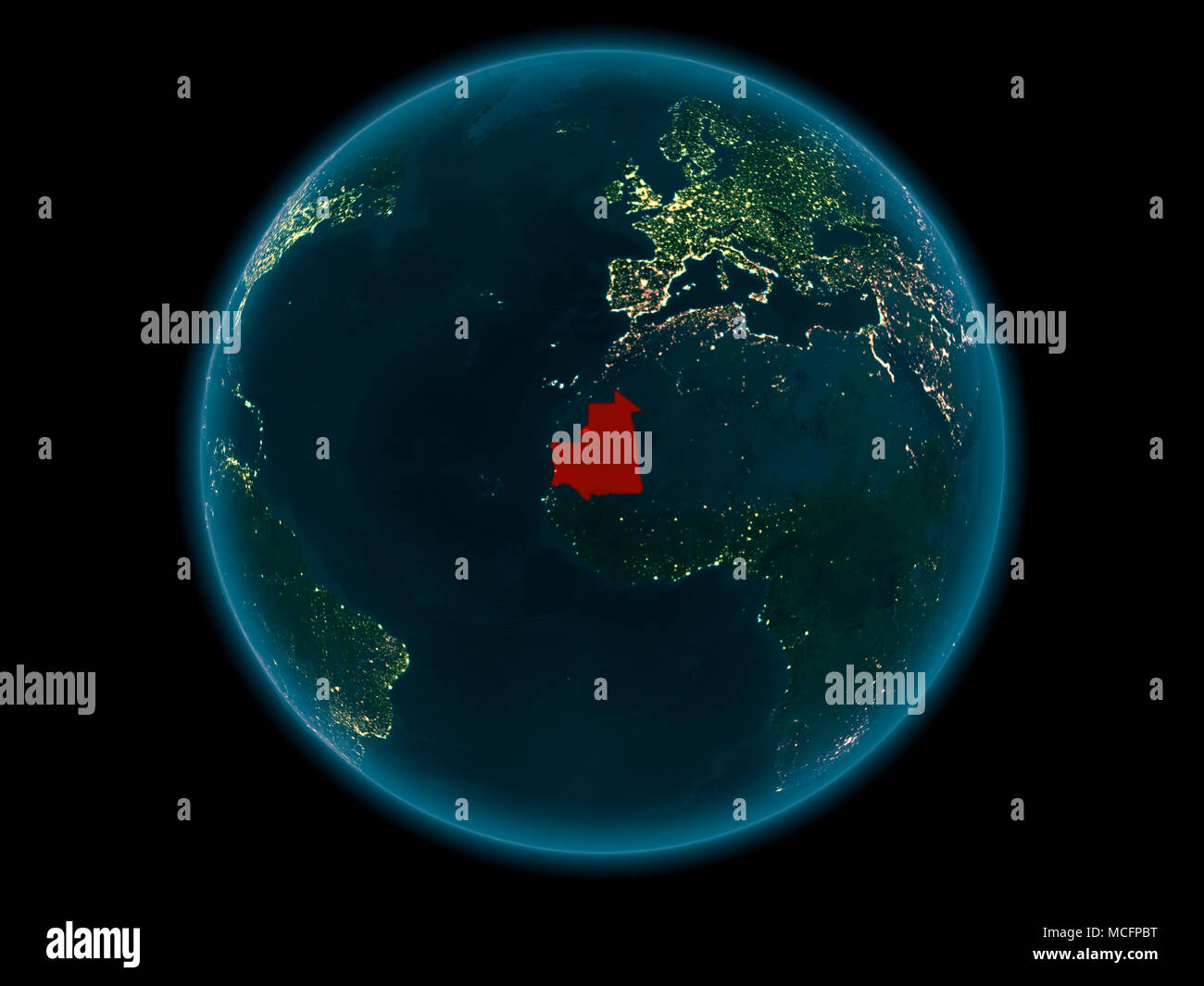 Night above Mauritania highlighted in red on model of planet Earth in ...