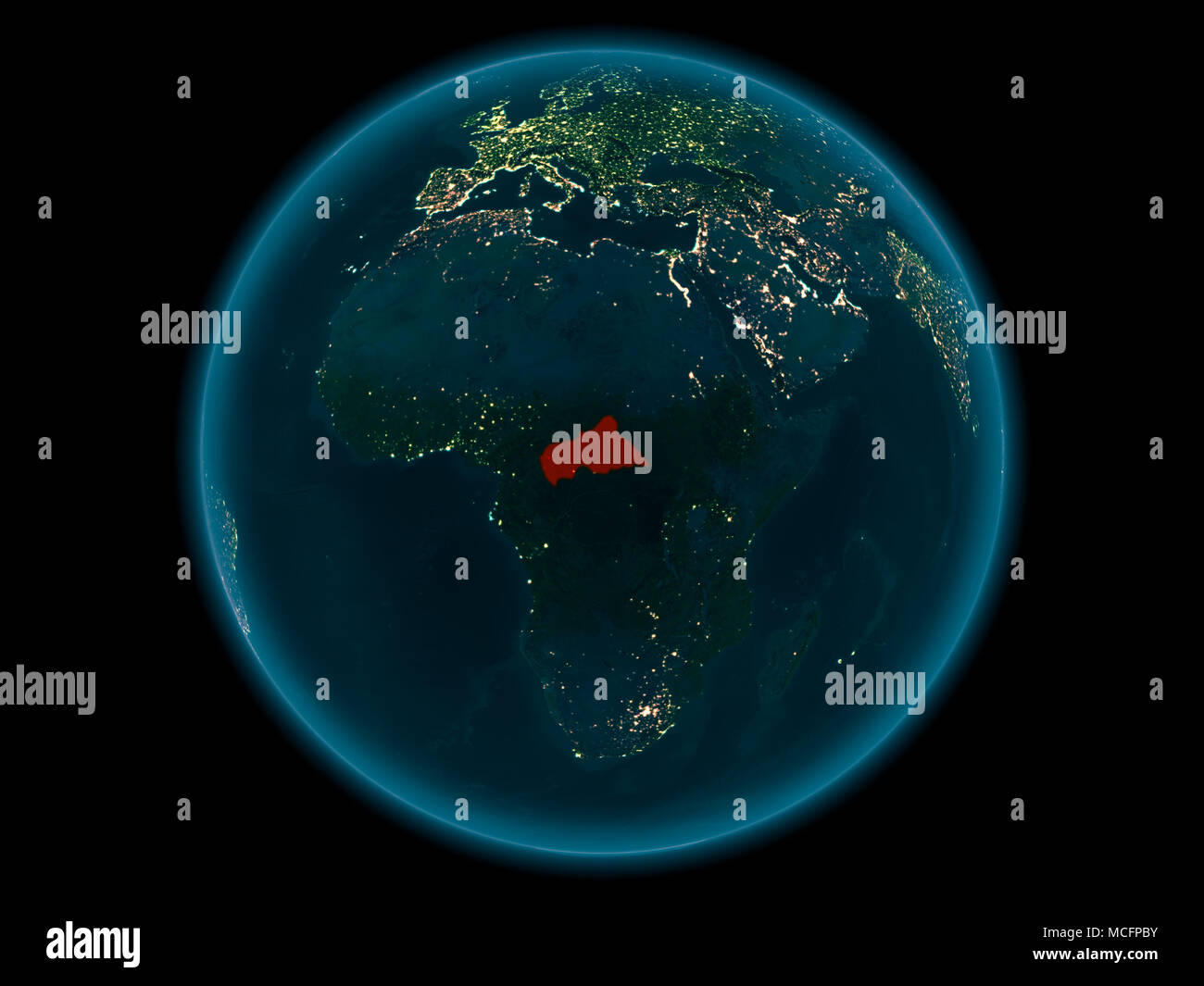 Night above Central Africa highlighted in red on model of planet Earth ...
