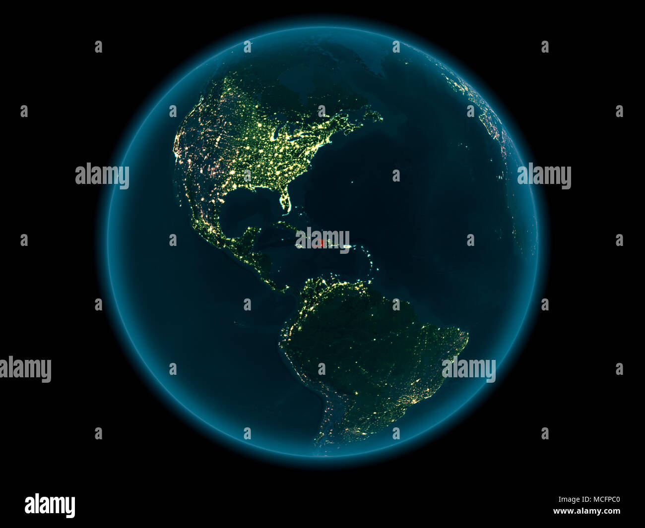 Night above Haiti highlighted in red on model of planet Earth in space ...