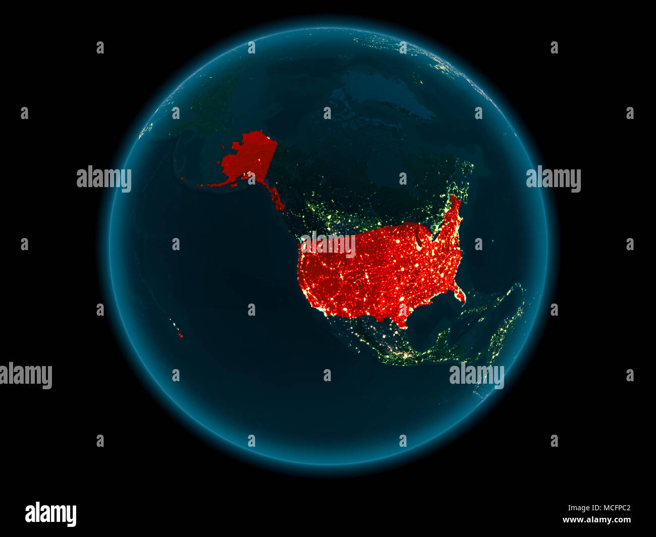 Night above USA highlighted in red on model of planet Earth in space ...