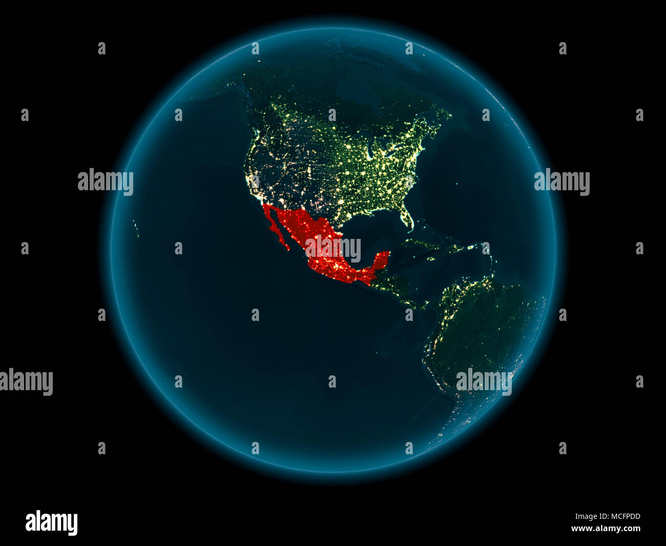 Night above Mexico highlighted in red on model of planet Earth in space ...