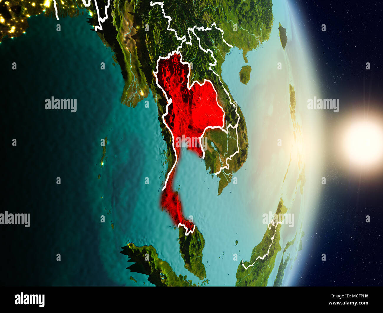 Thailand during sunrise highlighted in red on planet Earth with visible ...