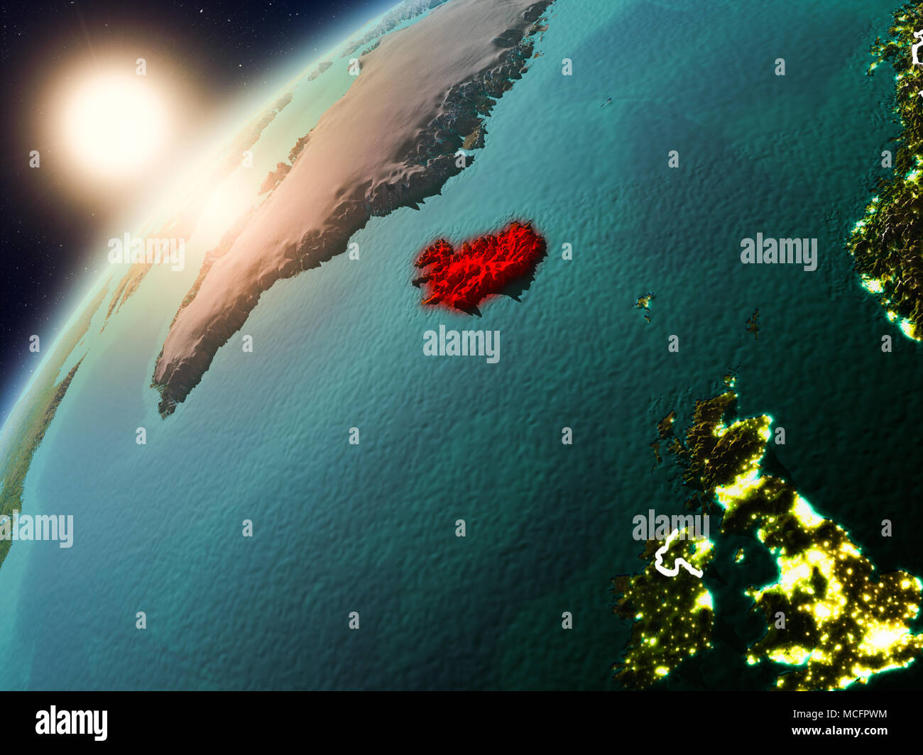 Iceland during sunset highlighted in red on planet Earth with visible ...
