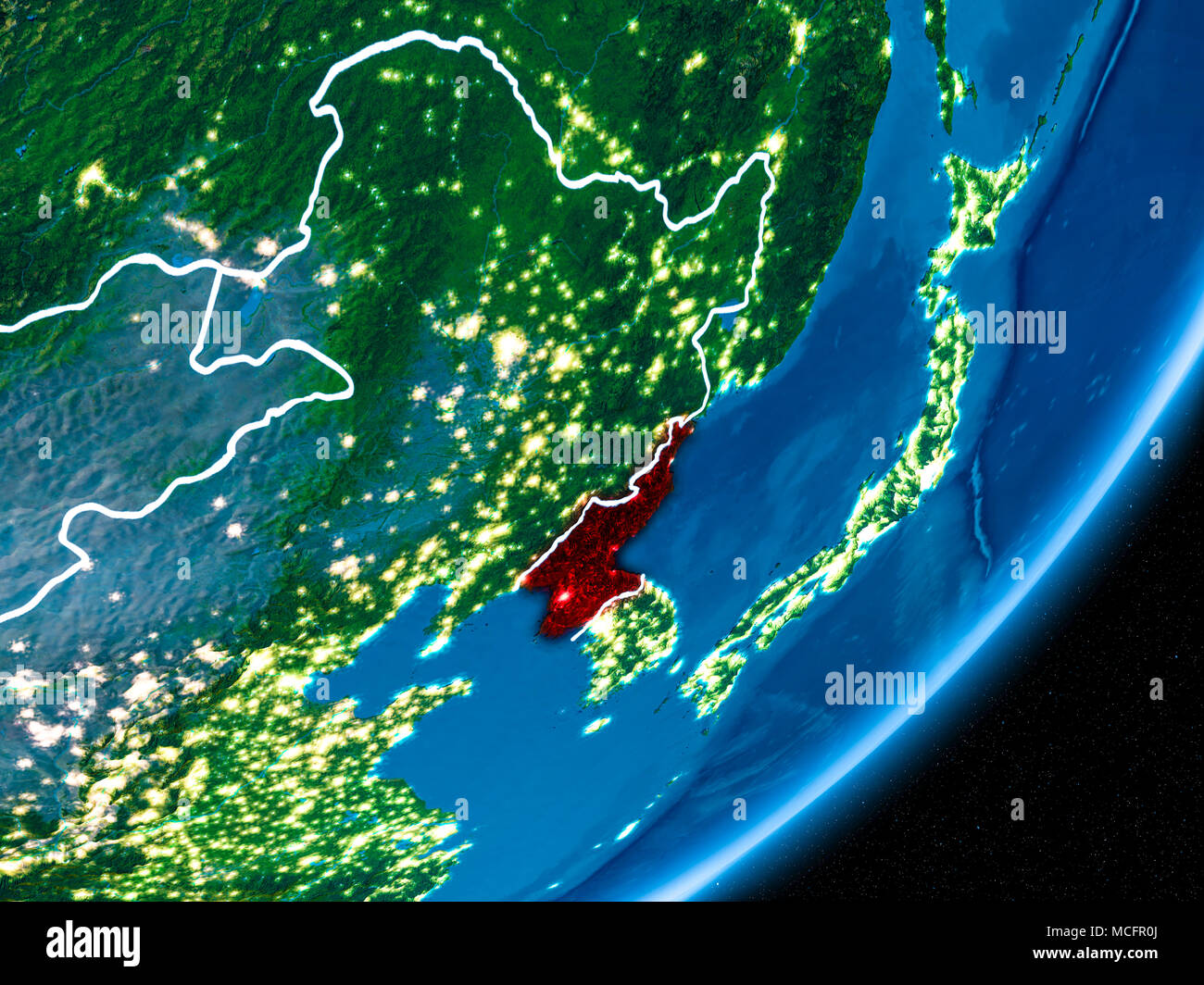 North Korea in red on planet Earth at night with visible borderlines ...