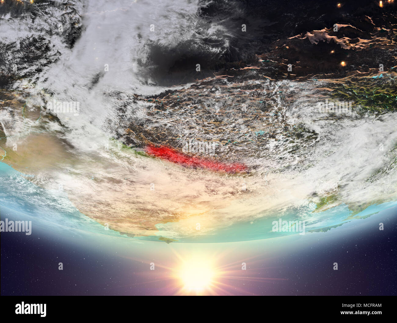 Nepal during sunrise highlighted in red on planet Earth with clouds. 3D ...