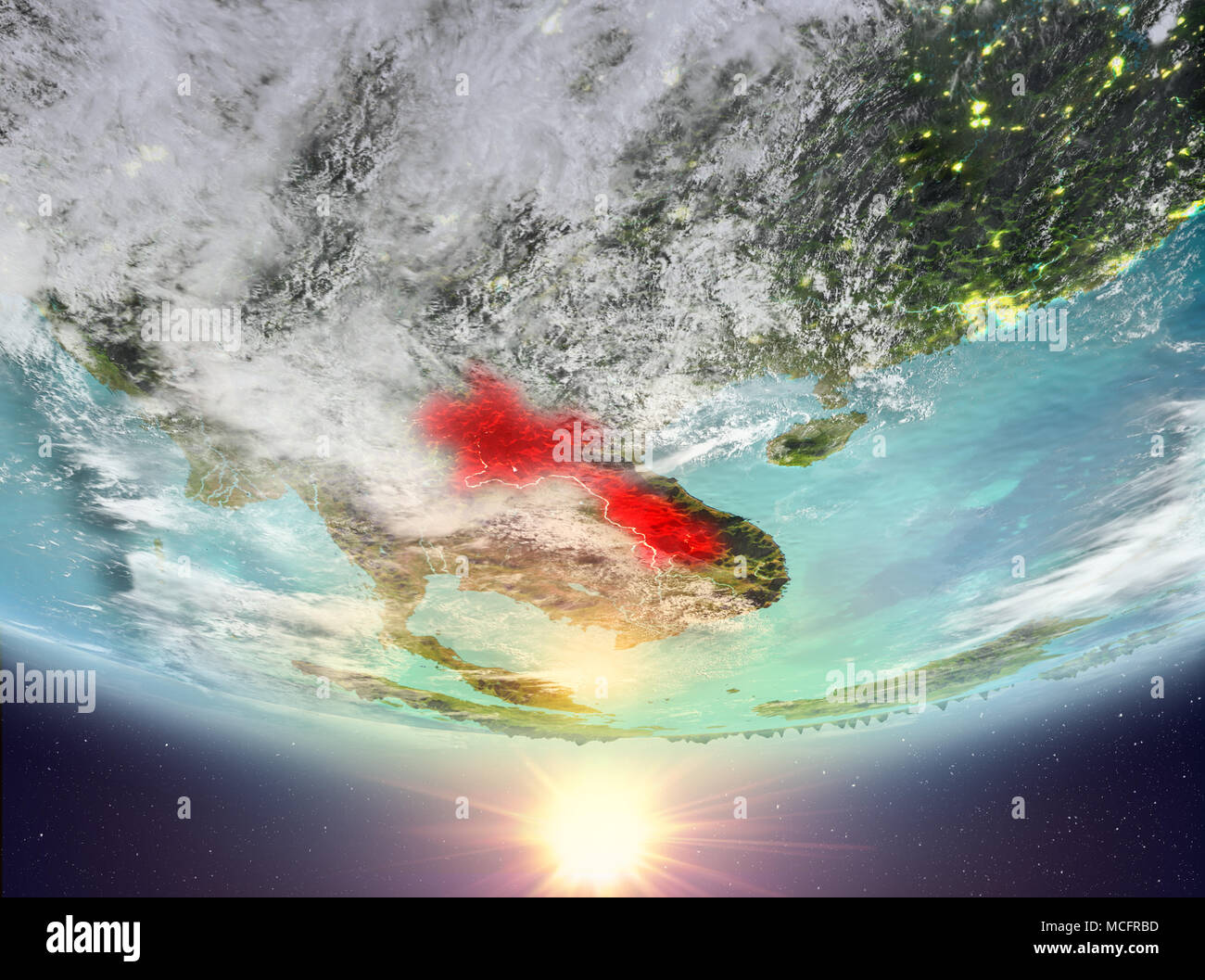 Laos during sunrise highlighted in red on planet Earth with clouds. 3D ...