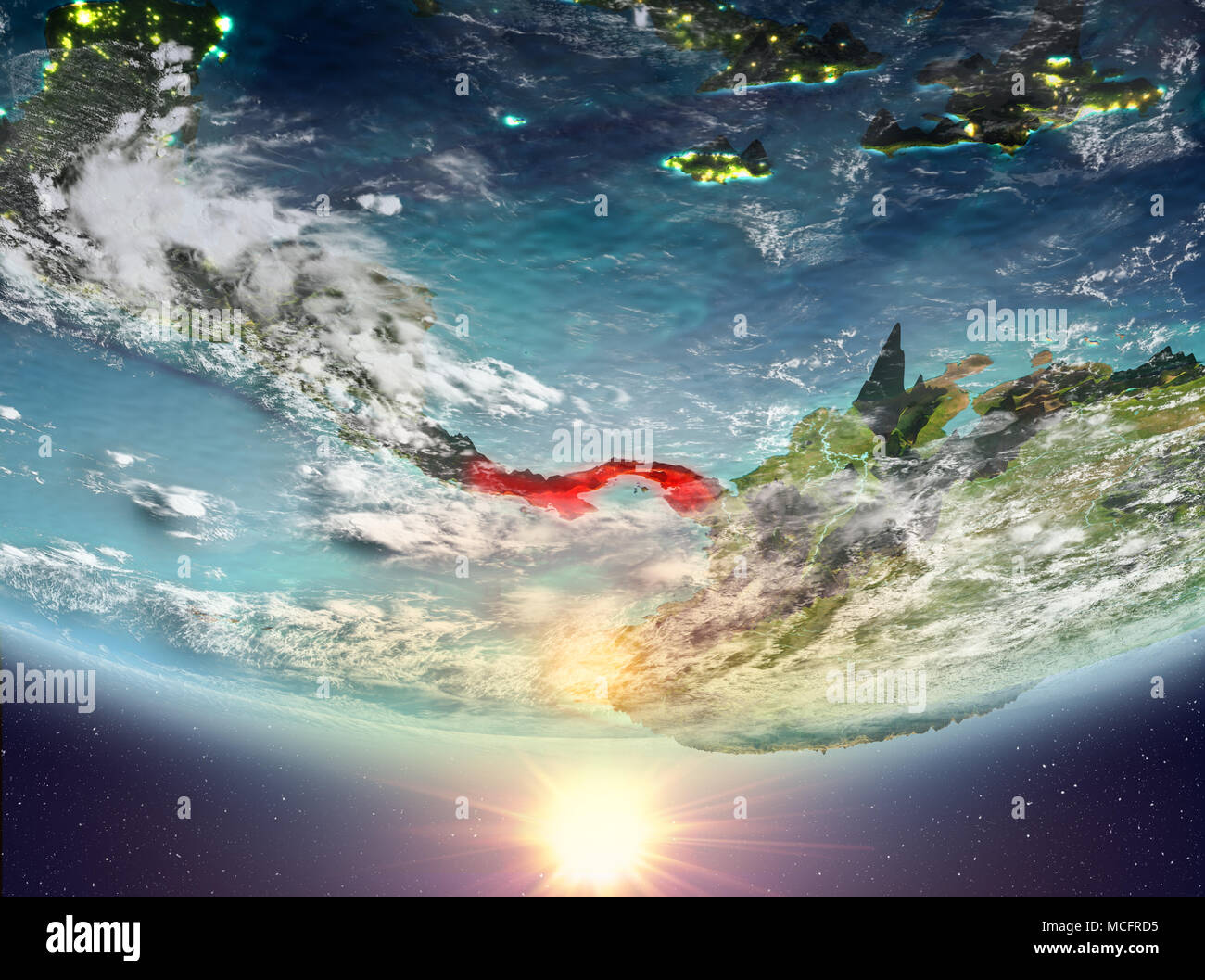 Panama during sunrise highlighted in red on planet Earth with clouds ...