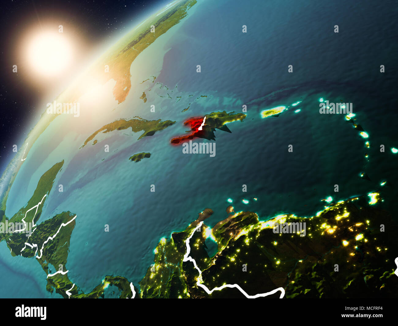 Haiti during sunset highlighted in red on planet Earth with visible ...