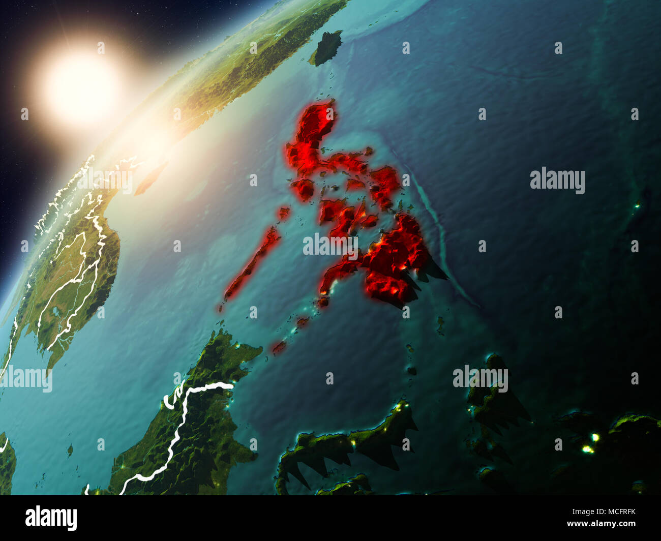 Philippines during sunset highlighted in red on planet Earth with ...
