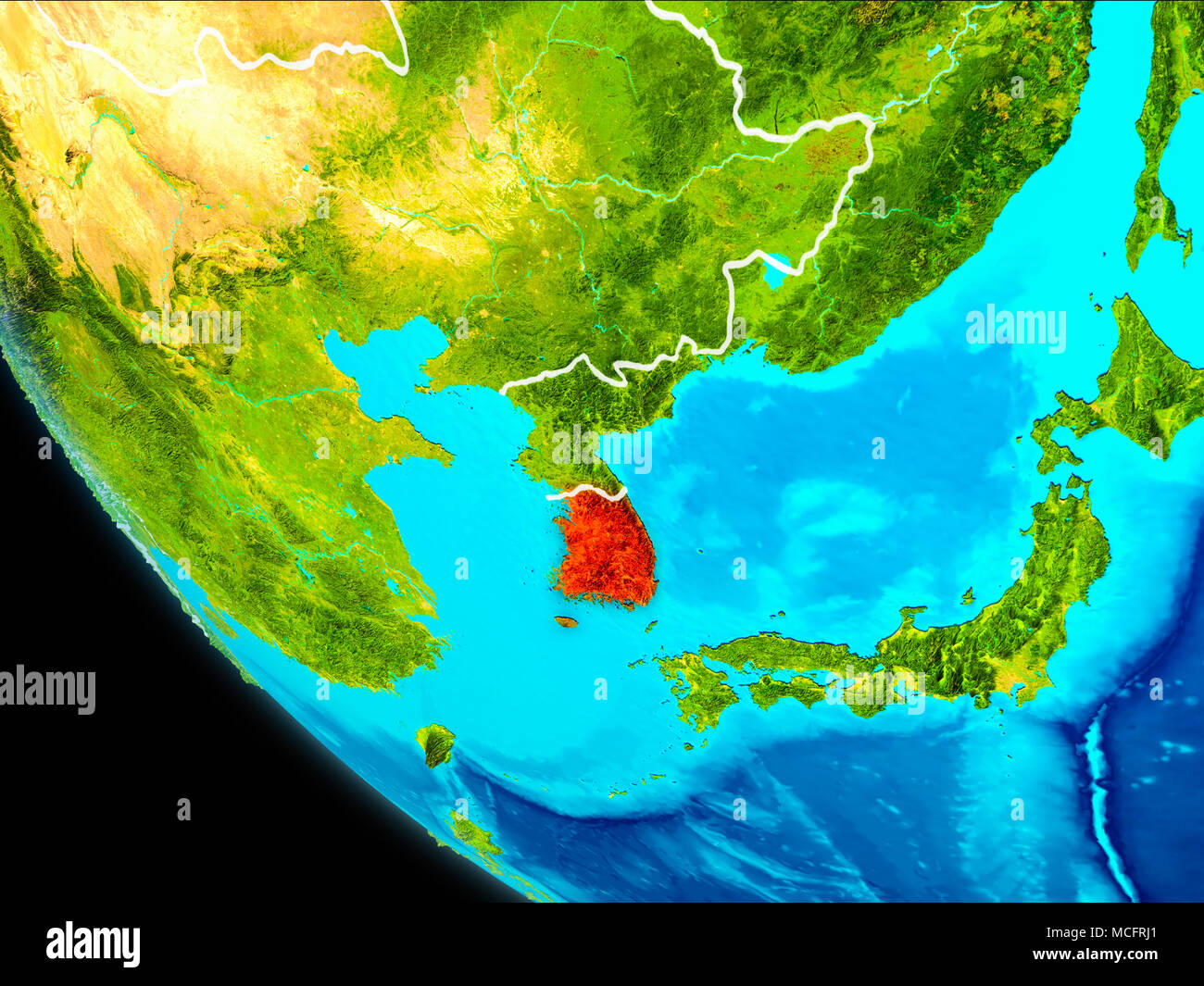 South Korea highlighted in red on planet Earth with visible borders. 3D ...