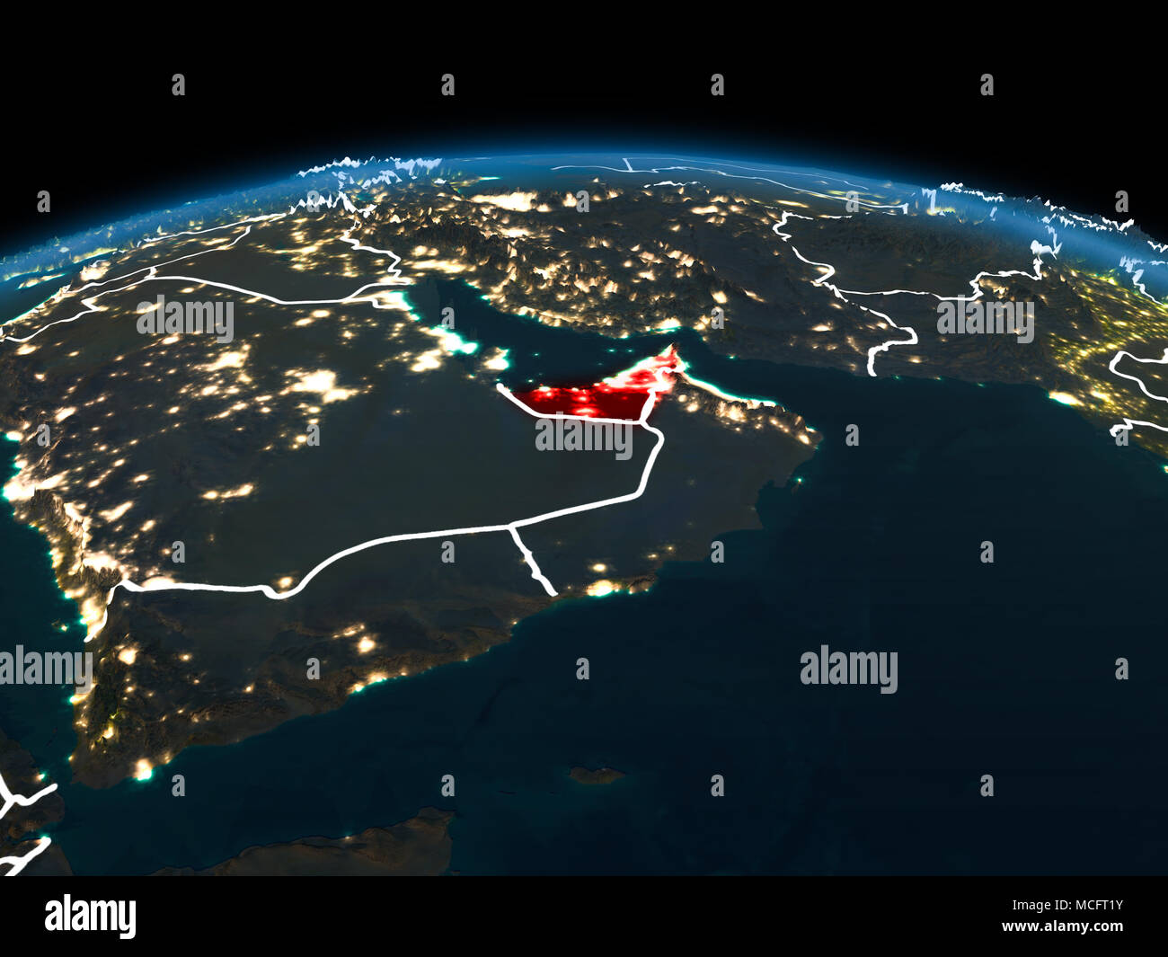 Space orbit view of United Arab Emirates highlighted in red on planet Earth at night with visible country borders and city lights. 3D illustration. El Stock Photo