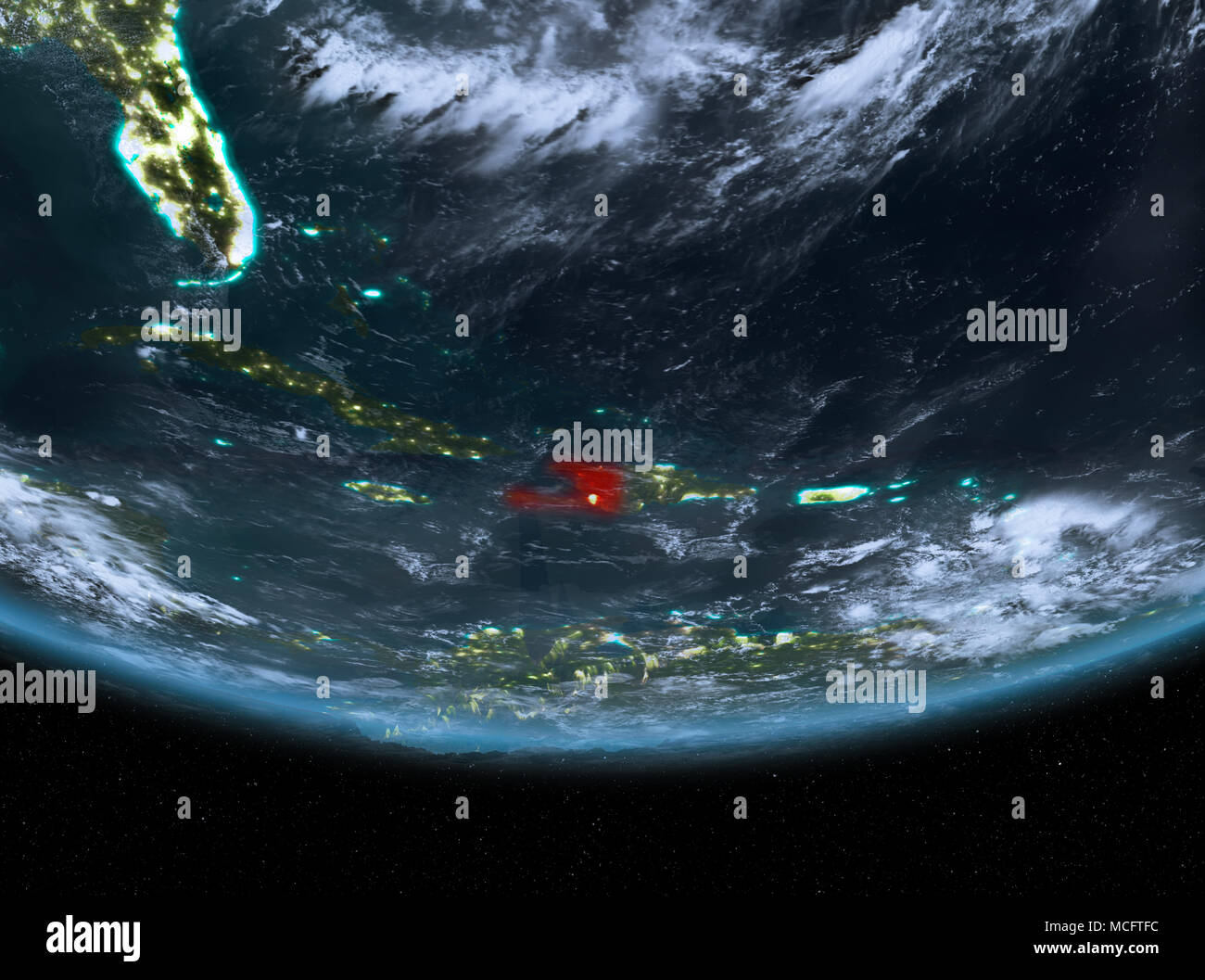 Haiti at night highlighted in red on planet Earth with clouds. 3D ...