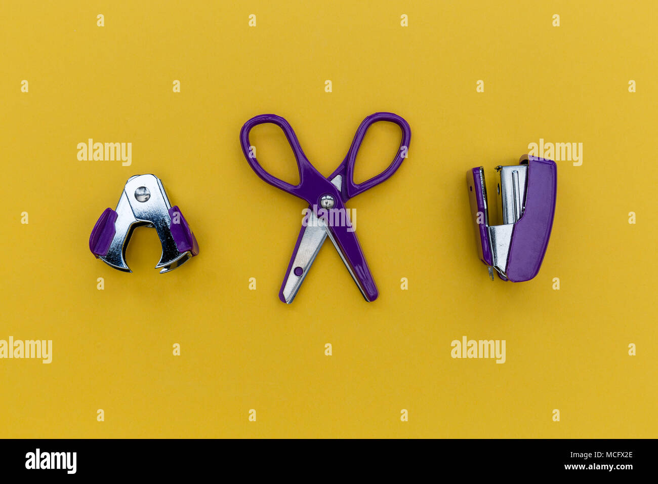 Stationery set on bright yellow background Stock Photo