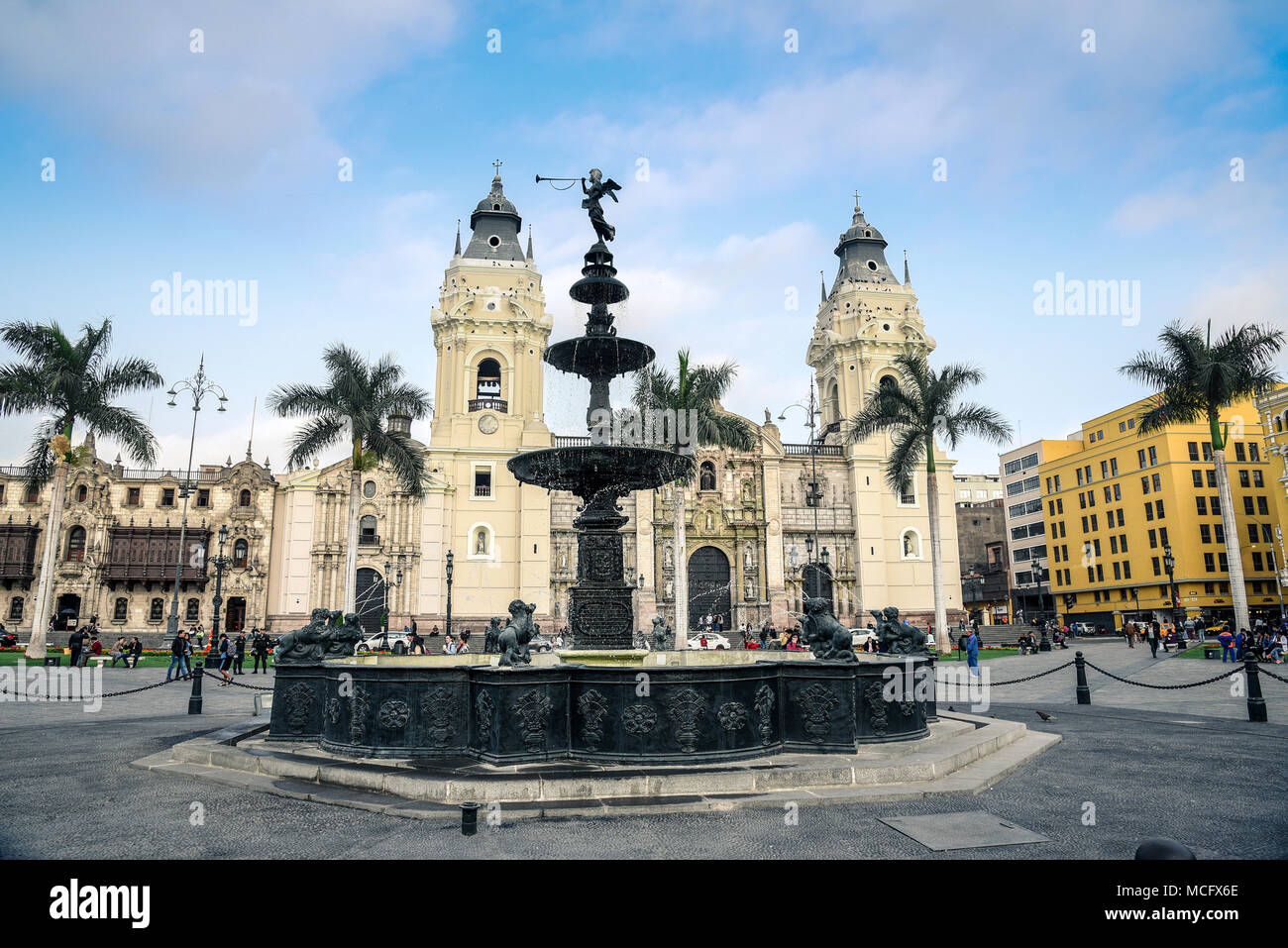Lima / Peru - 07.18.2017: Colonial fountain in Plaza de Armas Stock Photo