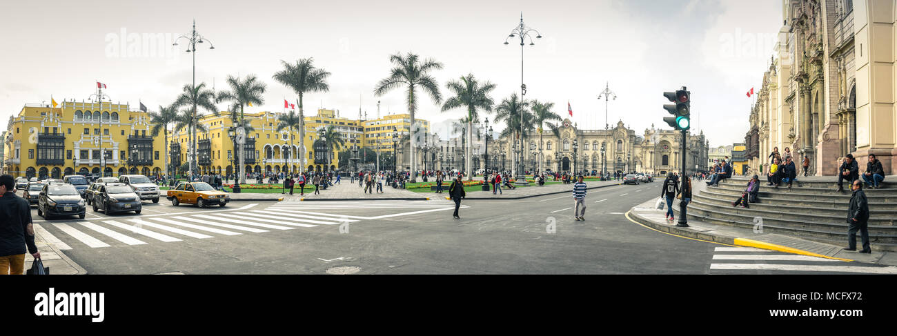 Panoramic view at the main square Plaza de Armas in Lima, Peru. Stock Photo