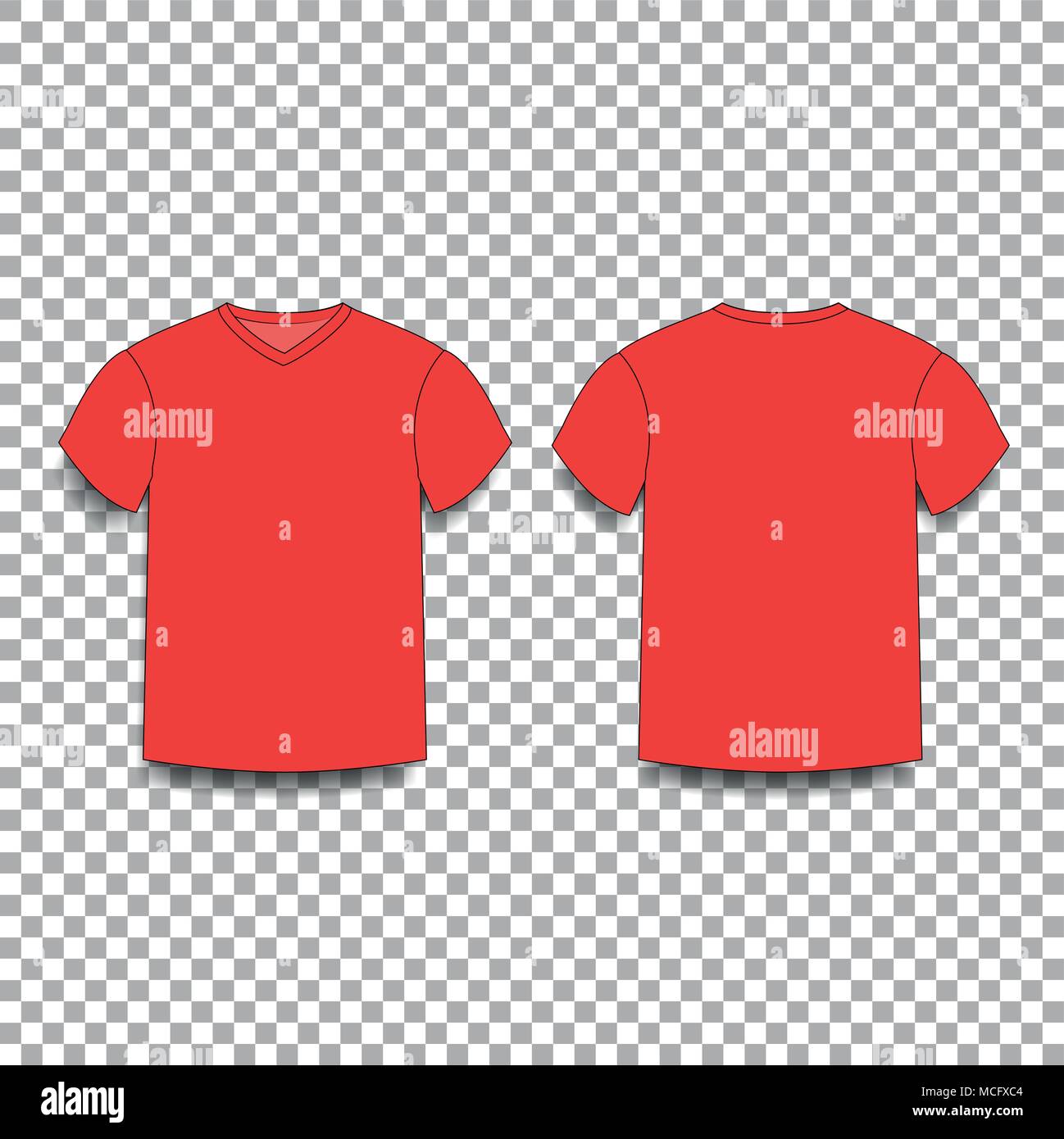 Red men's t-shirt template v-neck front and back side views. Vector of ...