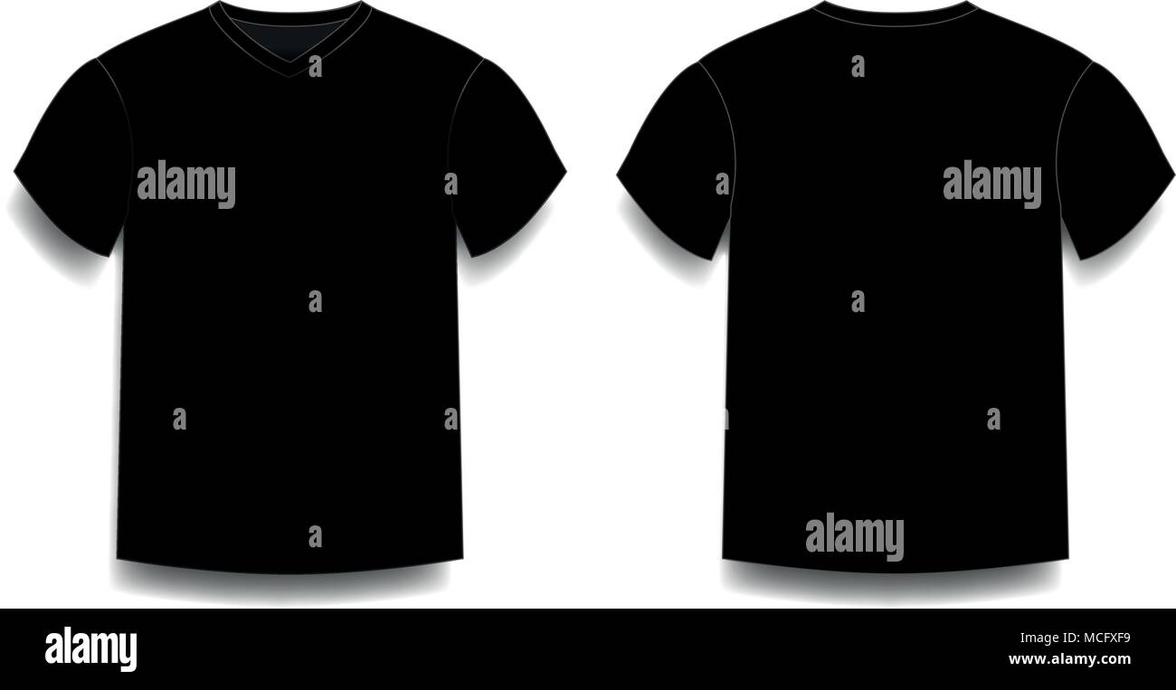 Black men's t-shirt template v-neck front and back side views. Vector ...