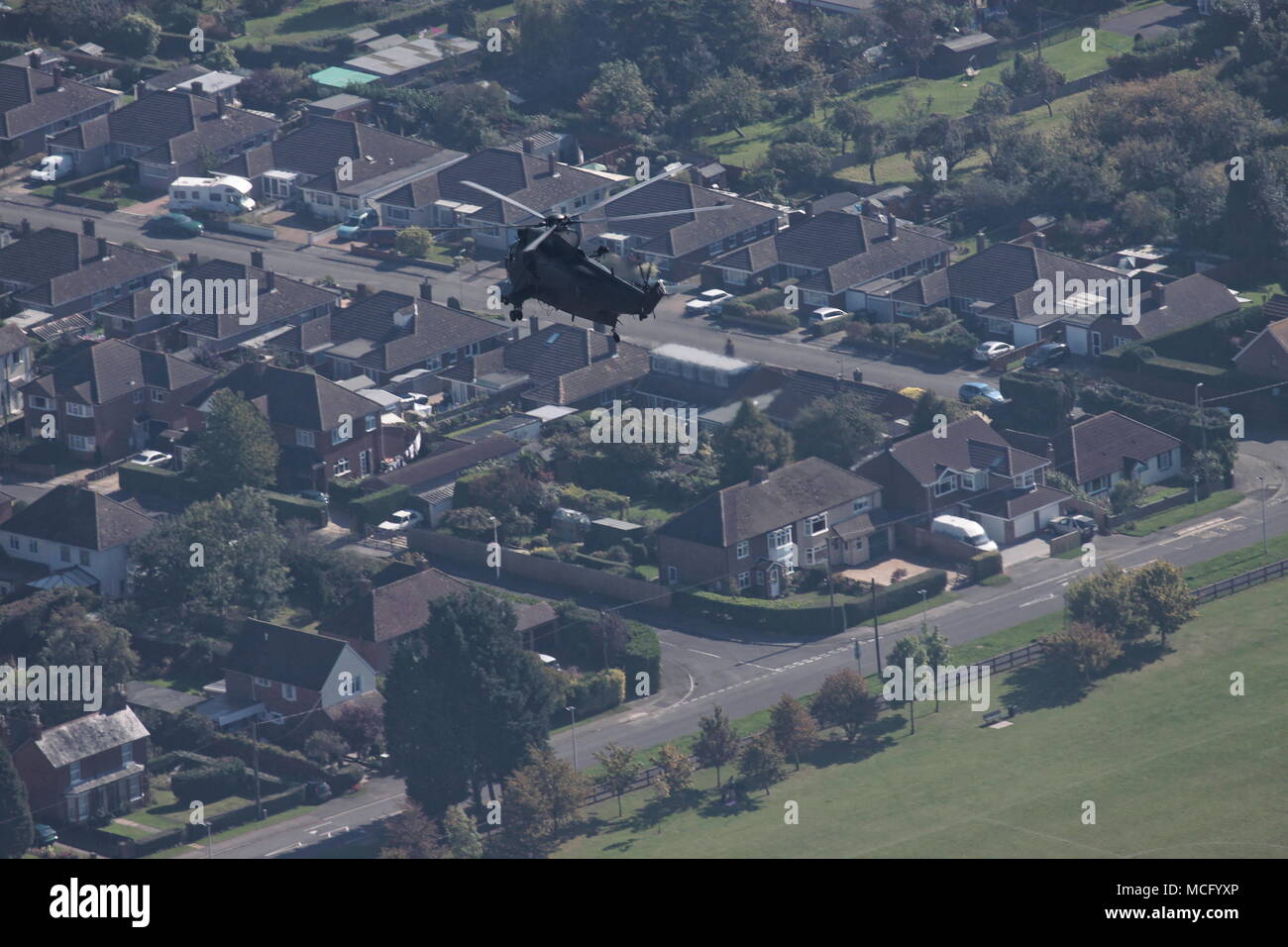 Aeriel view of a Sea king helicopter flying over Thatcham Berkshire Stock Photo
