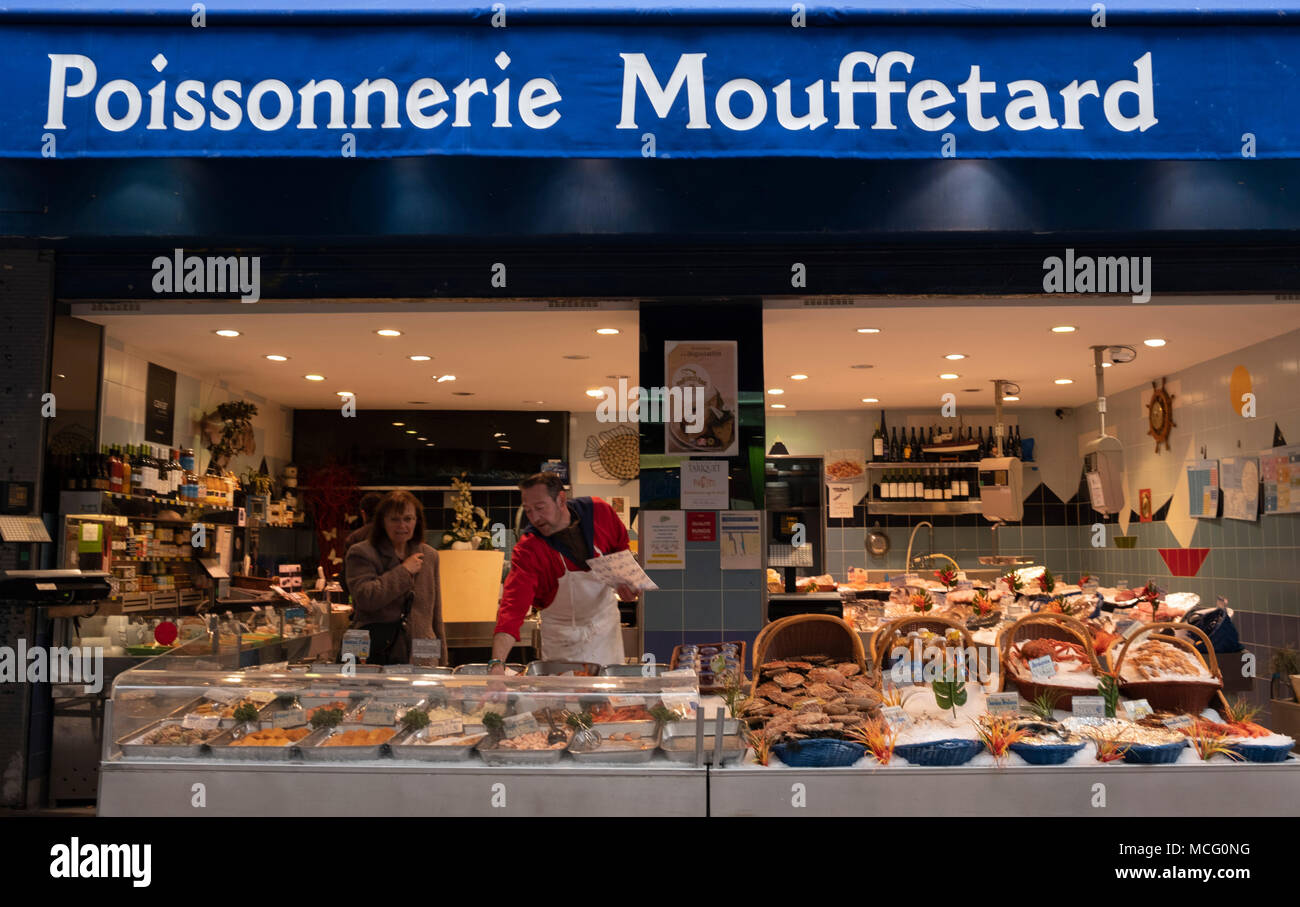 A large display of fish at a fish monger on Rue Mouffetard, Paris, France, Europe Stock Photo