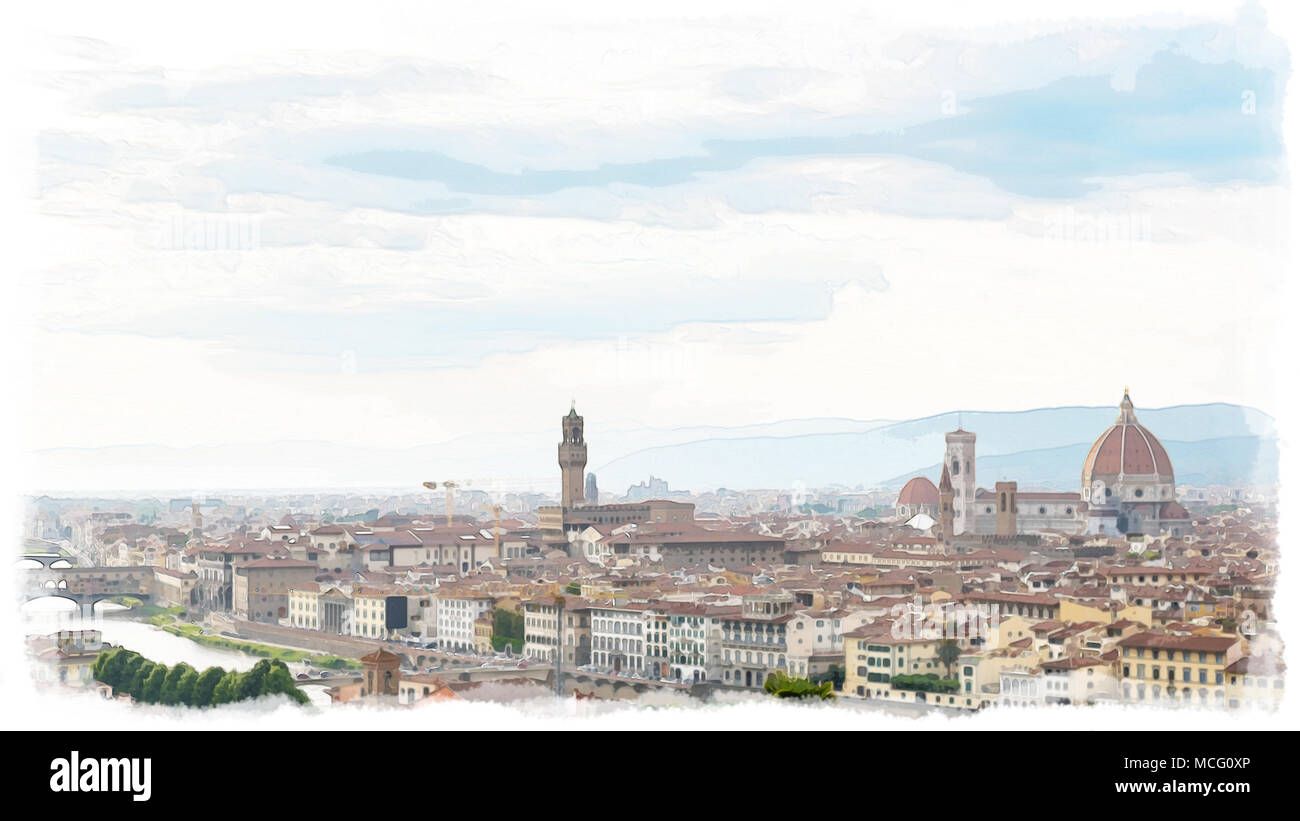 Watercolor painting style of Aerial view of Florence. With Florence Duomo Cathedral. Basilica di Santa Maria del Fiore or Basilica of Saint Mary of th Stock Photo