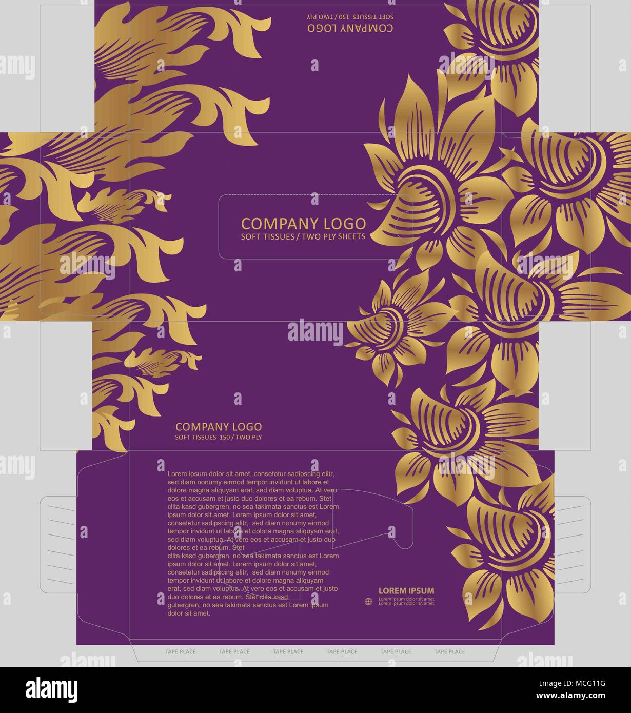 Decorated golden floral on tissue box. Tissue box template concept