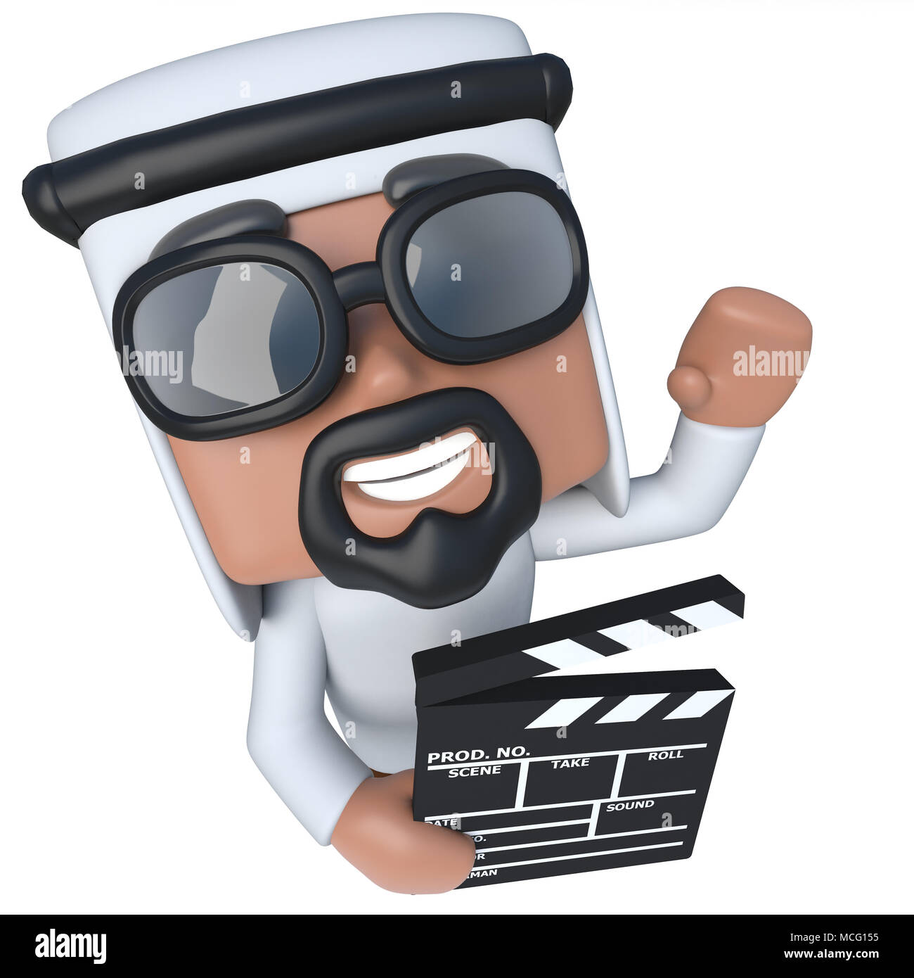 3d render of a funny cartoon Arab sheik character holding a movie maker  clapperboard Stock Photo - Alamy