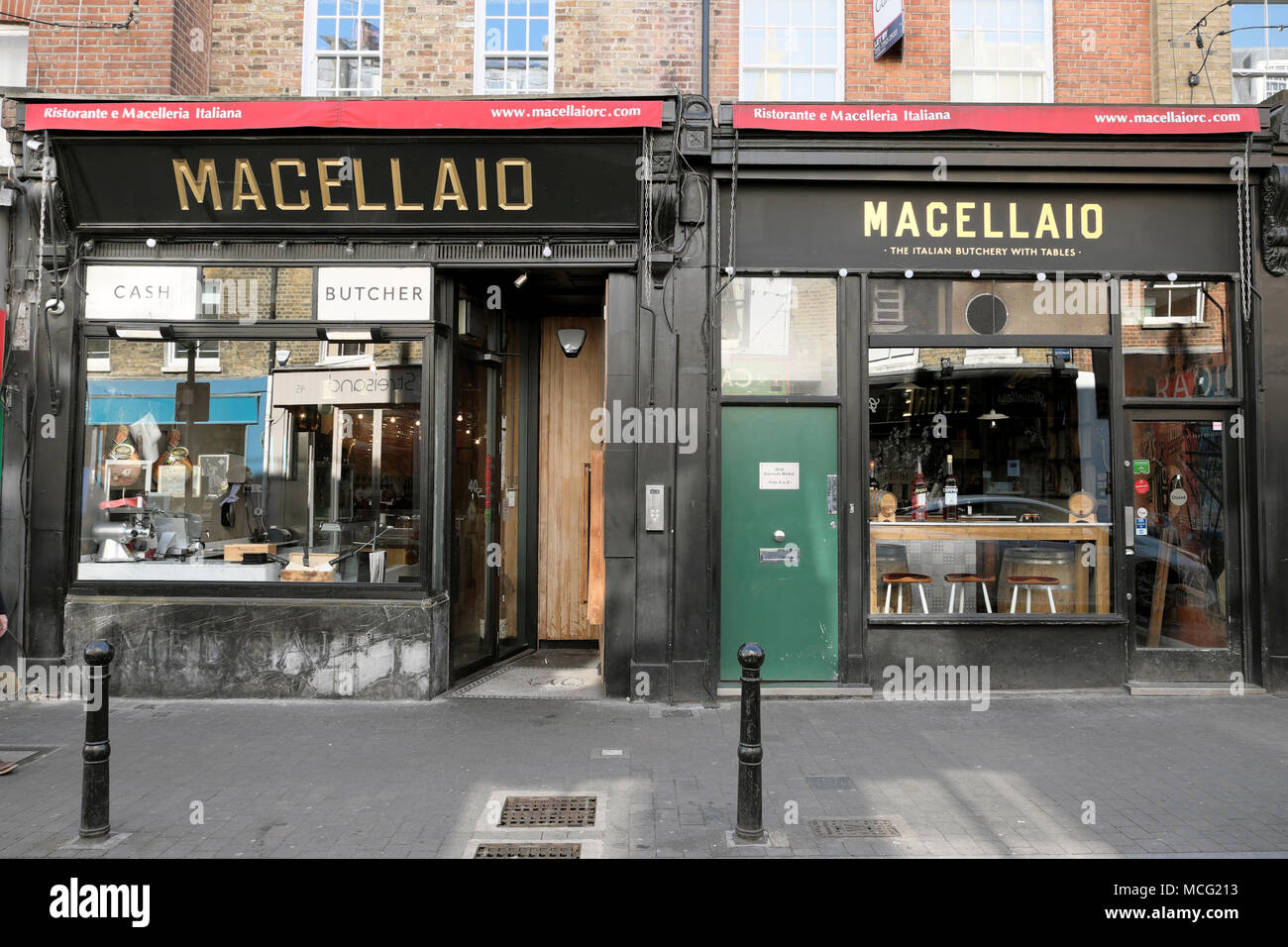 Macellaio Italian restaurant shop exterior in Exmouth Market, Clerkenwell, London UK  KATHY DEWITT Stock Photo