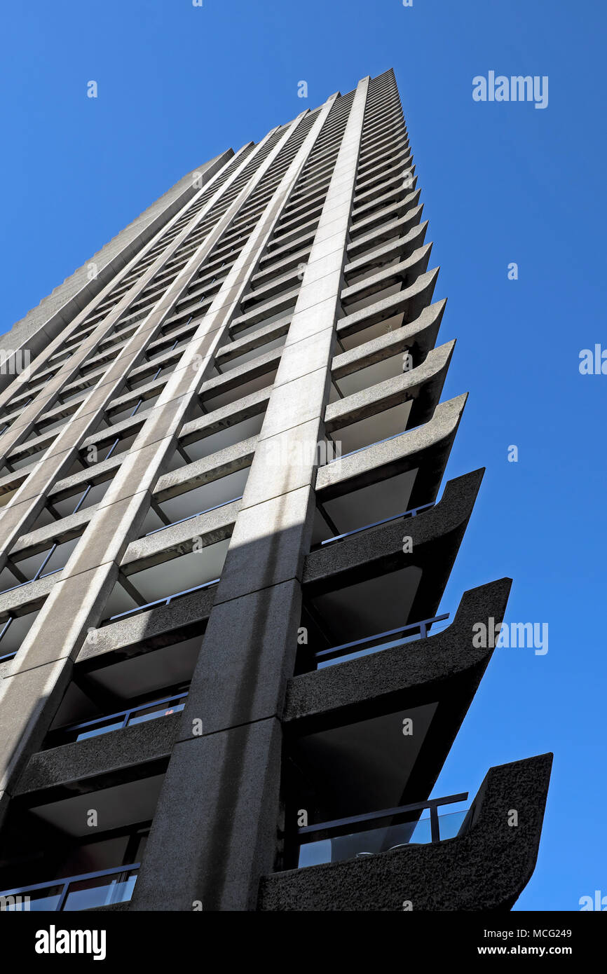 Vertical low angle exterior view of Barbican Shakespeare Tower high