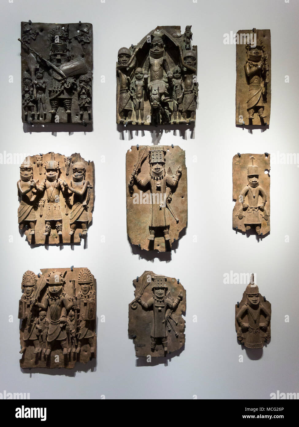 Berlin. Germany. Benin Bronzes. Brass plaques. 16-17th century. From the royal court palace of the Kingdom of Benin. Ethnological Museum in Dahlem (Et Stock Photo