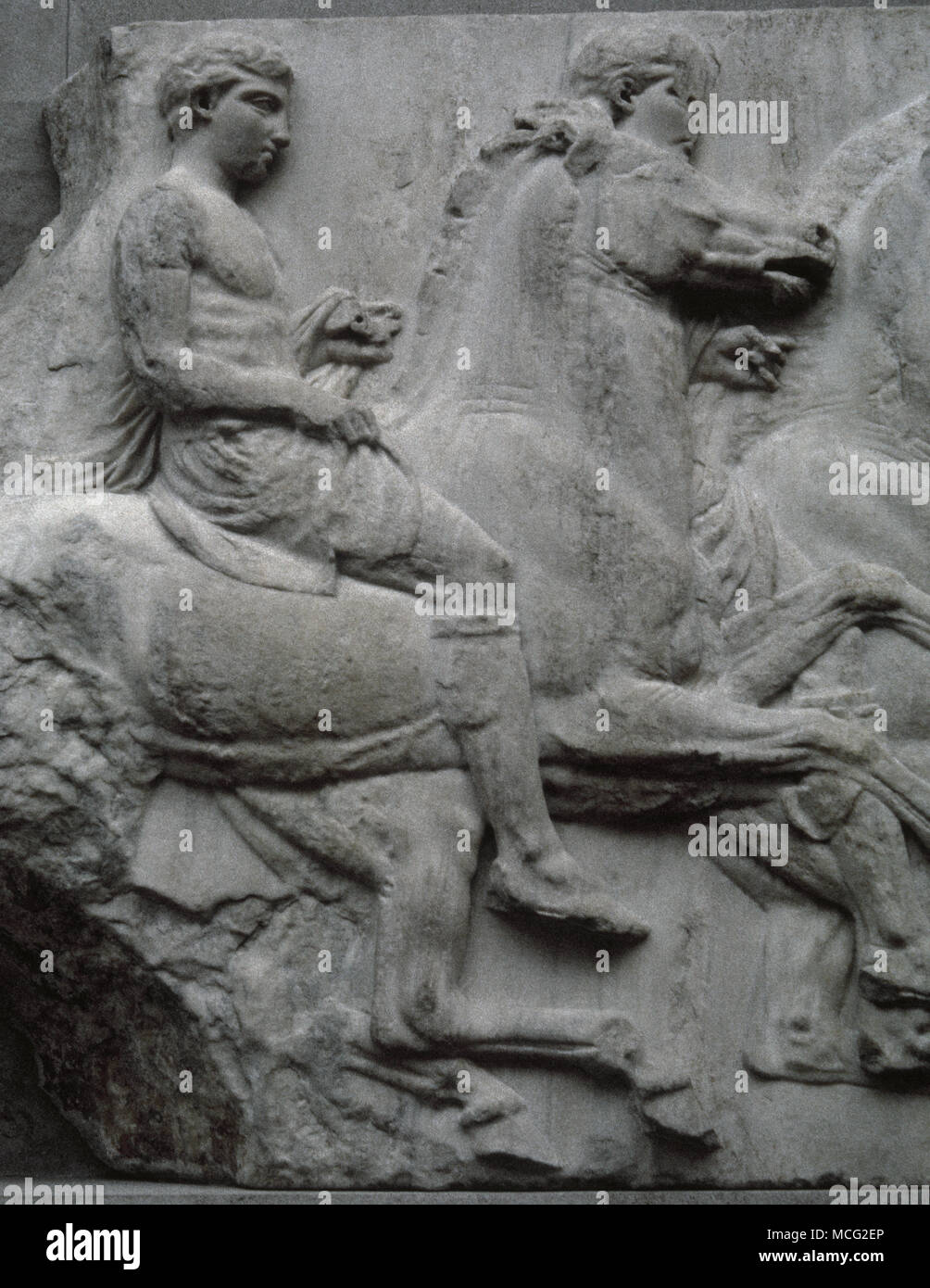 Parthenon. North Frieze. Horseman. Stone number N XLIV, Figures, N 122, N 123. 5th century BC. Pentelic marble. Acropolis of Athens, Greece. British Museum. London, United Kingdom. Stock Photo