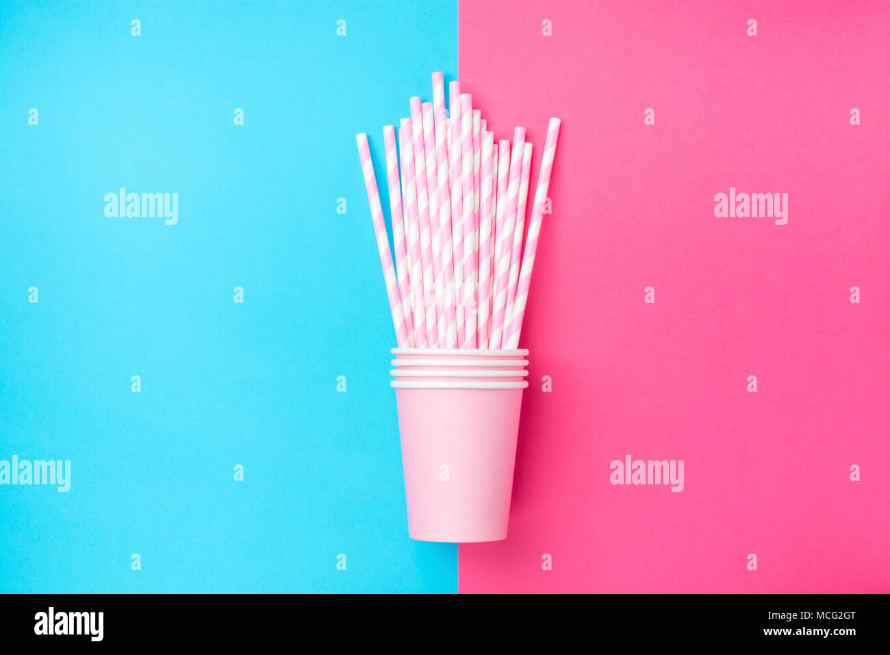 Stacked Drinking Paper Cups with Striped Straws on Duo Tone Mint Blue ...