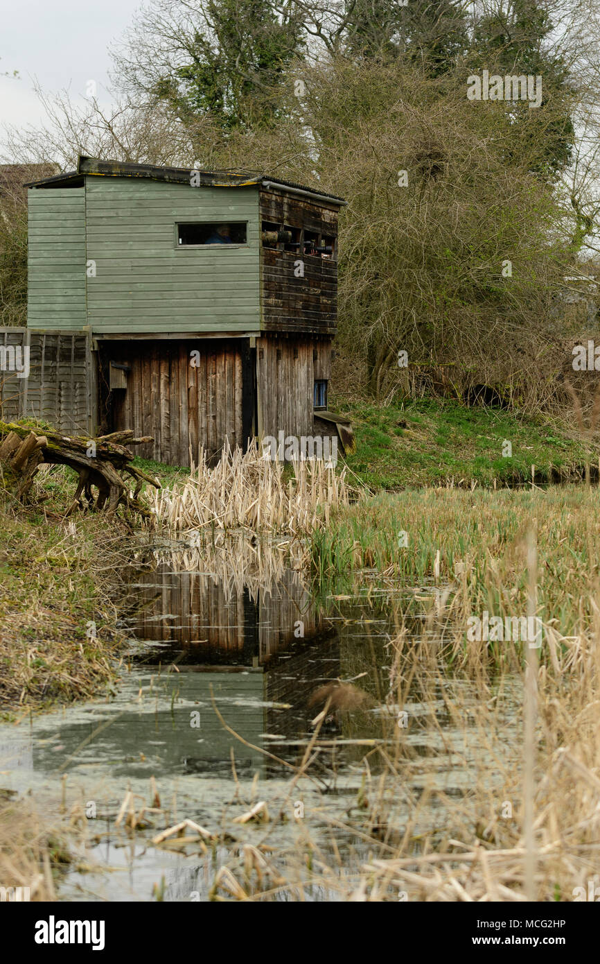Kingfisher Hide with wildlife photographer's lenses in Rye Meads RSPB nature reserve, Hoddesdon, England Stock Photo