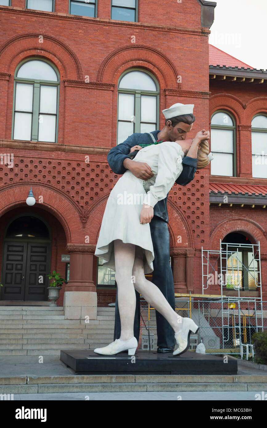 "Embracing Peace" sculpture by Seward Johnson in front of the Custom