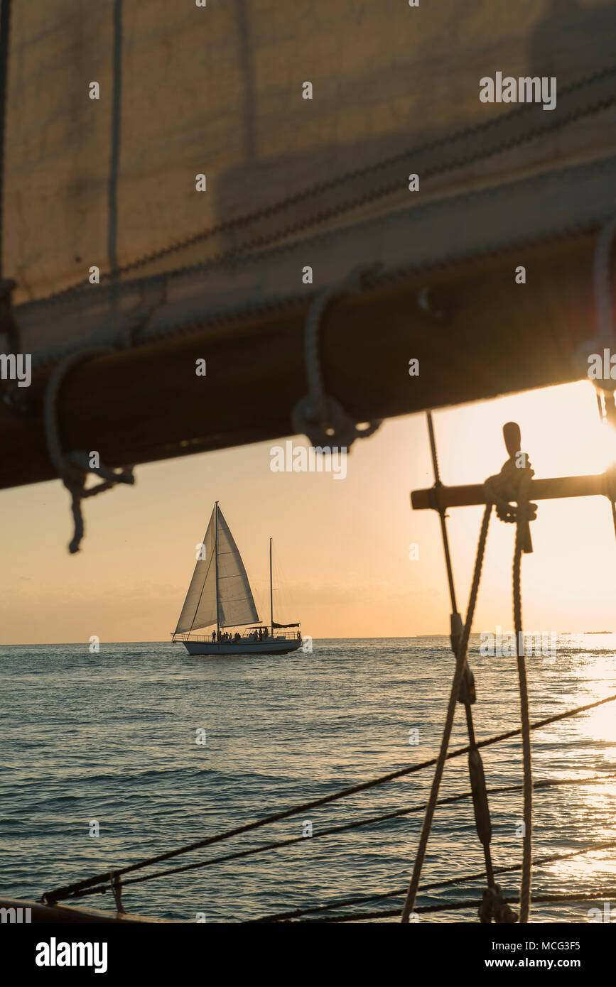 Sailing in Key West Florida at sunset. Stock Photo