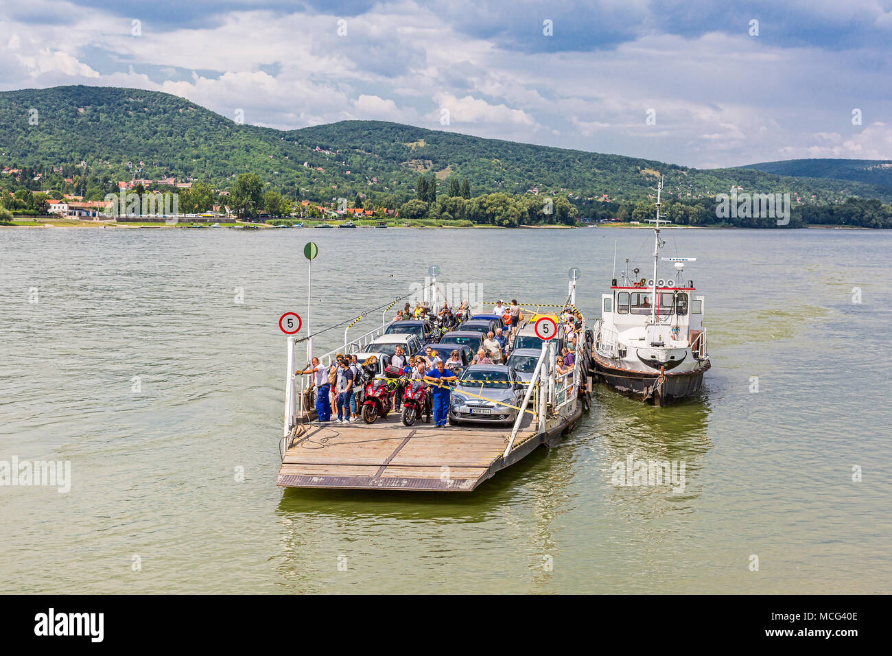 Vac, Hungary. July 16, 2017. Local ferry transportation across Danube river transporting people from Vac town to Tahitotfalu, Szentendre island, Hunga Stock Photo