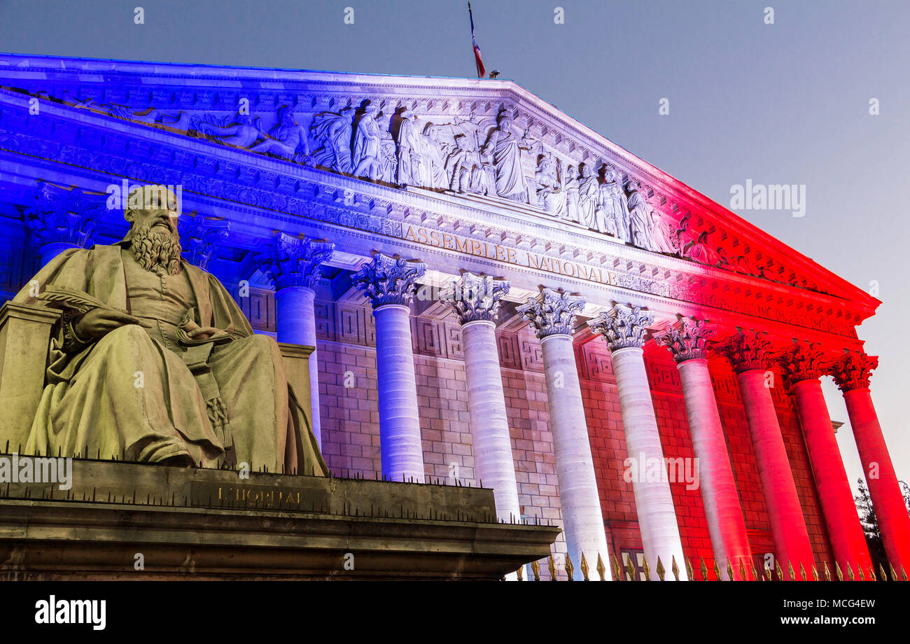 The French National Assembly lit up with colors of French national flag