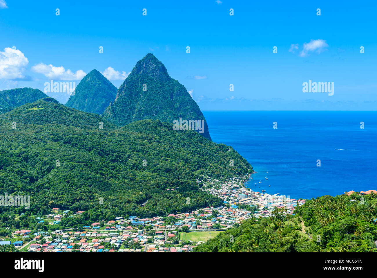Gros and Petit Pitons near village Soufriere on Caribbean island St