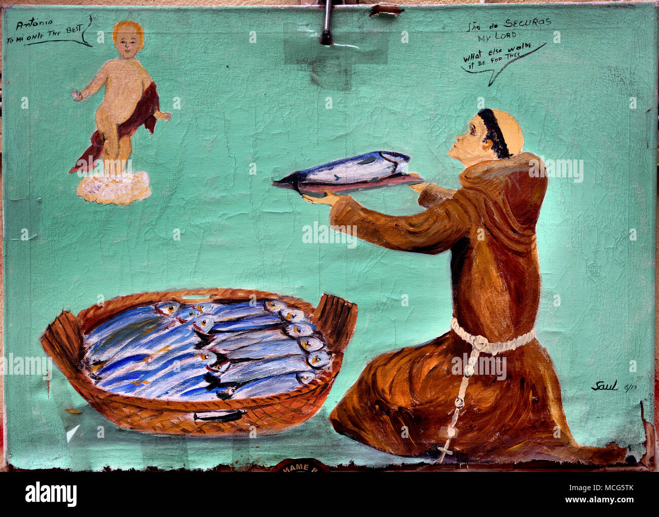 Monk sharing Fish, Lisbon Lisboa, Portugal Portuguese.( sardine