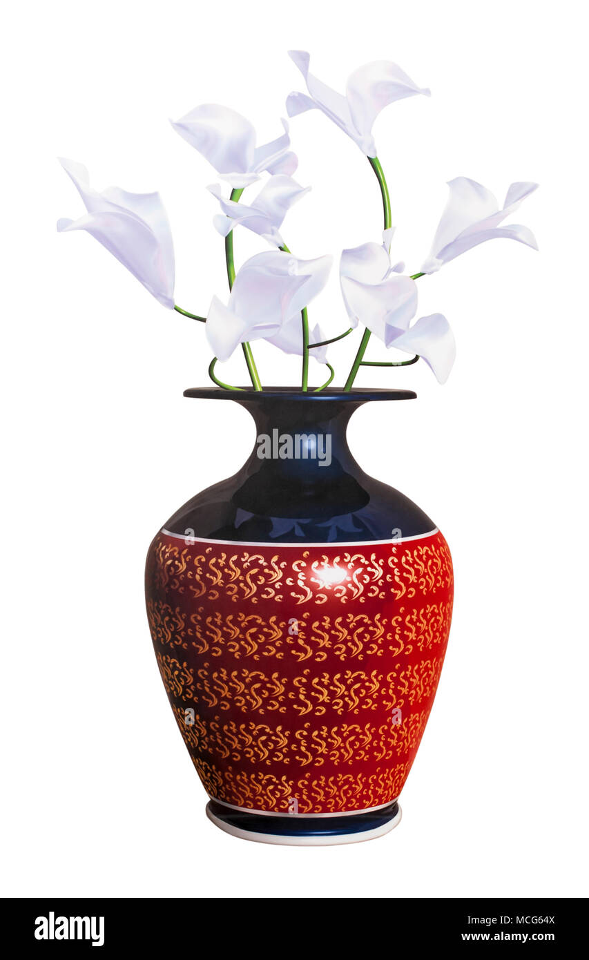White calla lilies in porcelain vase on white background. Path included. Stock Photo