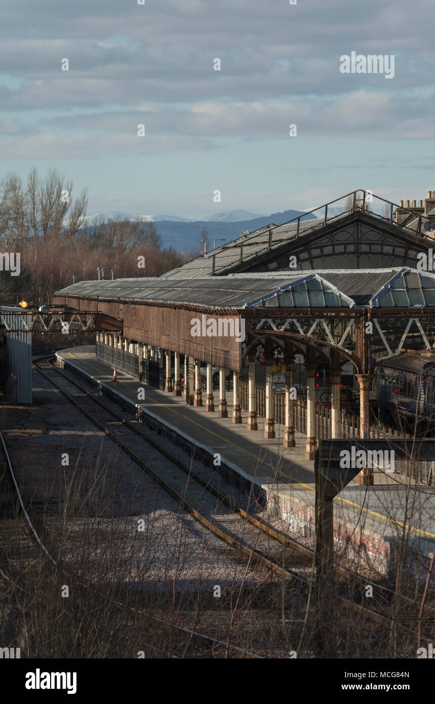 Platforms at Perth Rail station in late afternoon sun, Perth, Scotland, UK. Stock Photo
