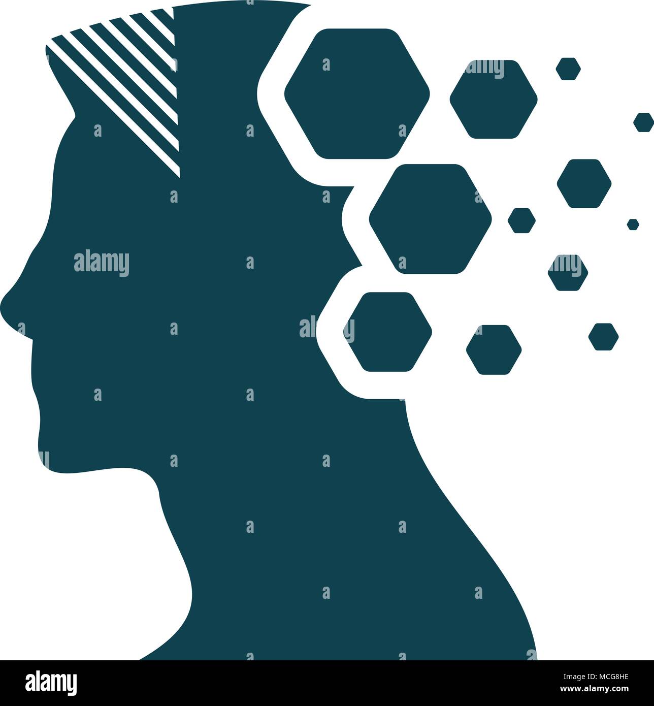 Artificial intelligence head silhouette with flowing minds made of hexagonal particles. Retro avant-garde style vector illustration Stock Vector