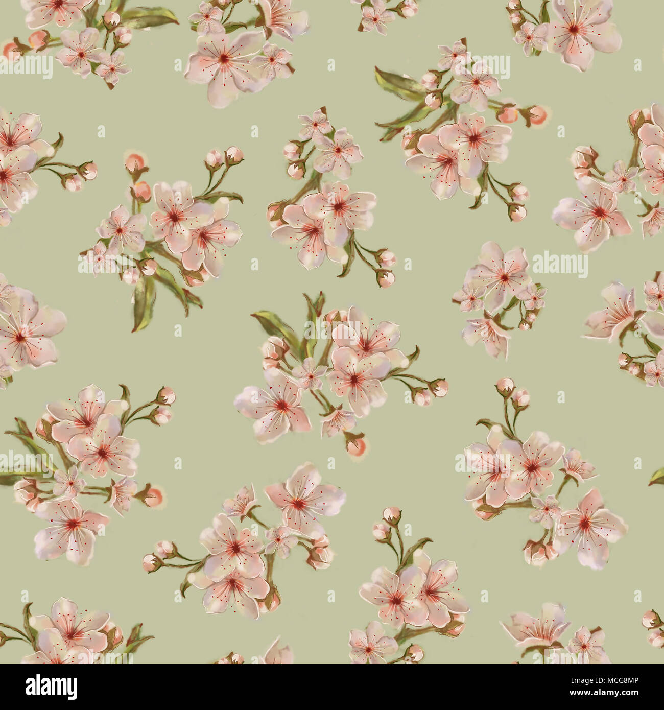 Peach bouquets on green background fruit tree floral seamless pattern for background print and textile watercolor hand painted botanical