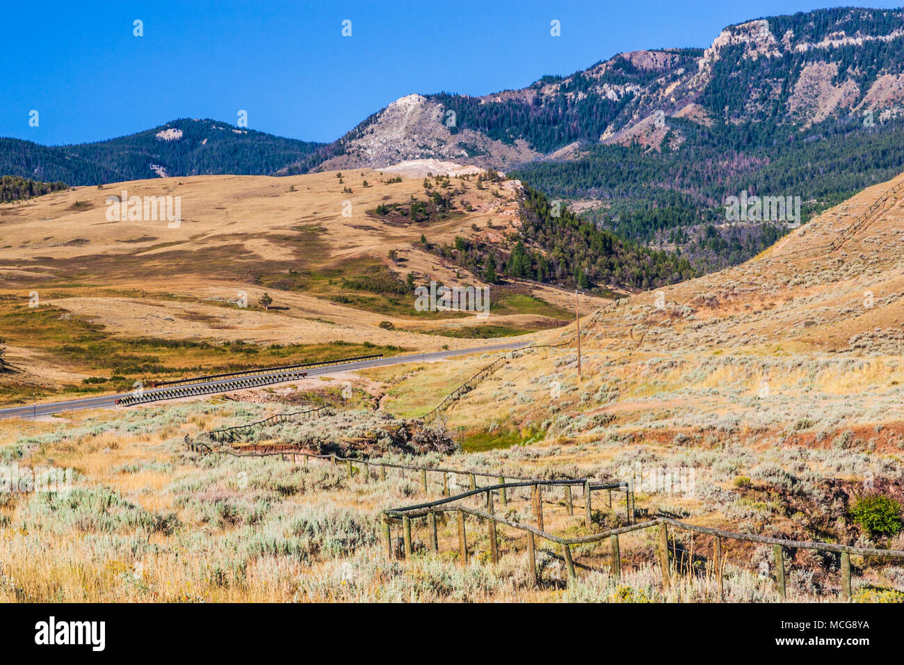 The Chief Joseph Scenic Byway is a 63-mile paved highway from Cody that leads into the Absaroka Mountains and the Clarks Fork of the Yellowstone River Stock Photo